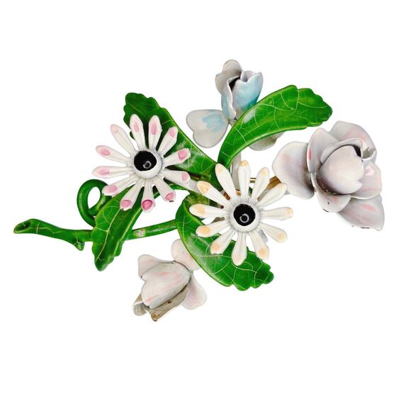 Vintage 1950s Enamel Floral Brooch, Mid-Century, Hand-Painted, Kitschy Style - Picture 1 of 8
